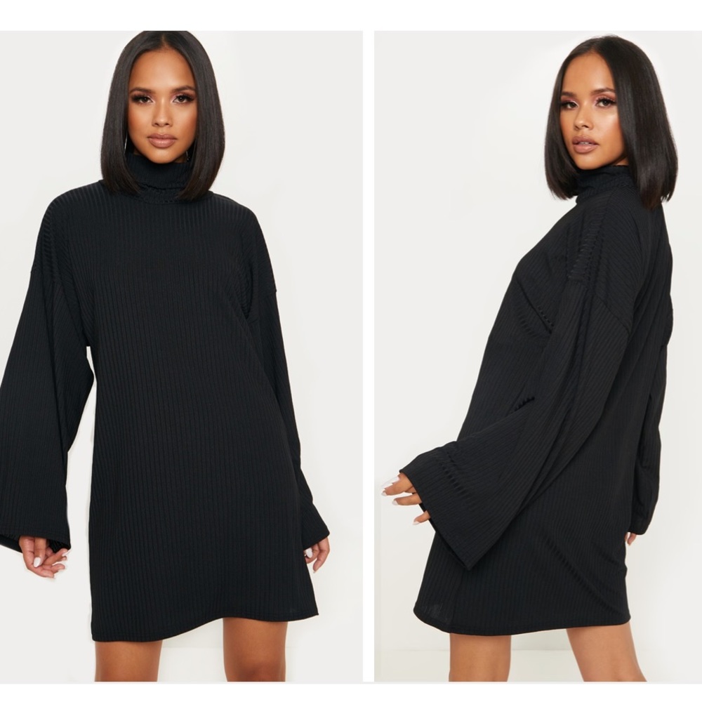 PLT Black Wide Rib High Neck Oversized Sweat Sweatshirt Dress